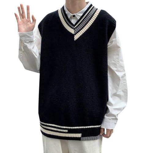 Primavera y otoño chaleco de punto japonés par suéter de moda sin mangas ropa de abrigo chaleco bandolera, Negro , XXL