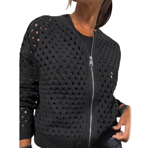 Whimsyard - Chaqueta tejida con cremallera y recortes para mujer, suéter tipo cárdigan con cierre de ganchillo, top de punto con aberturas para mujer, prenda exterior tejida de ganchillo (Negro, XL)