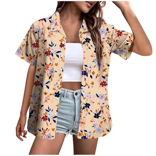 Generisch Camisa de manga corta para mujer, con solapa holgada, impresión digital 3D, blusa de verano de manga corta, amarillo claro, S