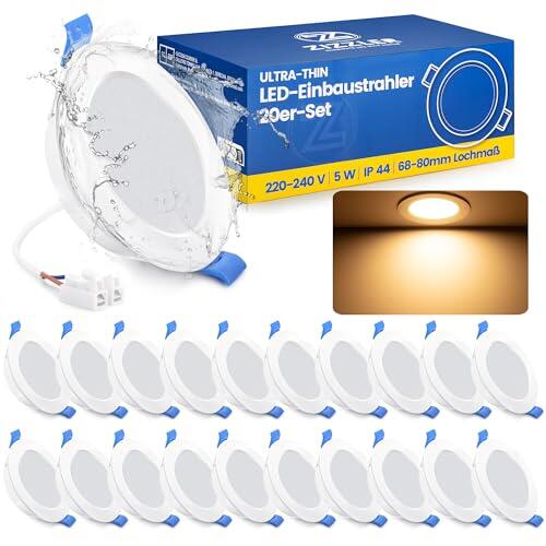 ZIZZLER Downlight Led Techo Empotrable, 3000K Blanco Calido Redondo 5W IP44, Corte 68-80mm, Foco Empotrable Led Interior Techo, Luces Ojos De Buey LED Calida, Para Baño, Cocina, 220V-240V, Pack 20