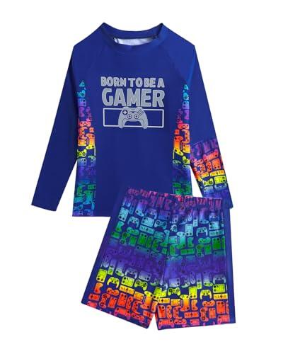 JiAmy Traje De Baño Infantil Verano, Camisa De Manga Larga Estampado Degradé Consola De Juegos, Shorts, Protección UV, Talla 8-14 Años