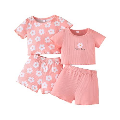 LUVCES 4 Piezas Conjunto para Niñas Pequeñas Primavera Manga Corta Color Sólido/Estampado Floral Camiseta y Pantalones Casual Verano Ropa de Casa 4Pcs Manga Corta rosa 18-24 Meses
