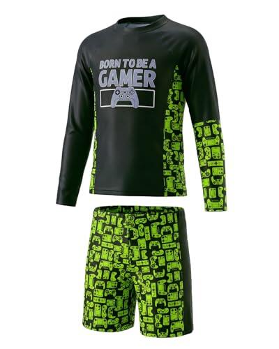 JiAmy Traje De Baño Infantil Verano, Camisa De Manga Larga Estampado Degradé Consola De Juegos, Shorts, Protección UV, Talla 8-14 Años