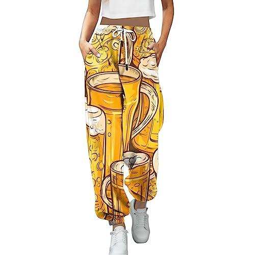 Pantalones deportivos elásticos para mujer con bolsillos estampados, pantalones deportivos estampados de moda, pantalones de contraste pantalones 3/4 para mujer, azul, dorado, M