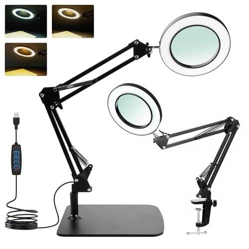 Lupa de 15 aumentos con luz, lámpara de escritorio LED con base y clip, luz de lupa LED con 3 modos de color, regulable, para reparaciones de bricolaje, macro, dibujo y lectura