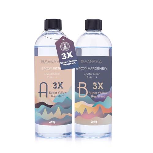 SANAAA Resina epoxi brillante 3X resistente al amarilleamiento 500g, resina autonivelante y endurecedora, transparente y sin burbujas, adecuada para joyas, revestimientos de madera y resinas de