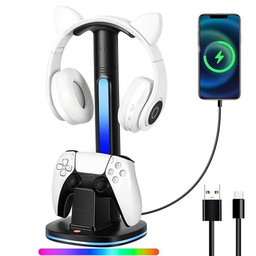 Base de carga para controlador PS5 con soporte RGB para auriculares | Estación de carga rápida USB dual 2 en 1 para controladores PS5 | Soporte de auriculares LED RGB para juegos y accesorios