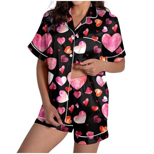 Generisch Conjunto de pijamas para mujer, cuello en V, bolsillo con botones, estampado de San Valentín, pantalones cortos de manga corta, abrigo de seda, sexy, Negro , S