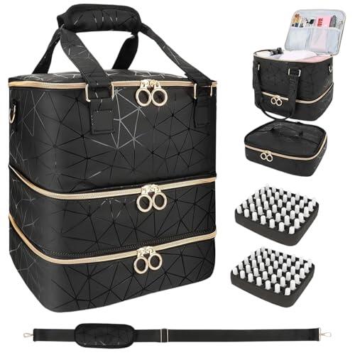 Organizador Esmaltes de Uñas,3 Niveles Esmaltes Bolsa de Uñas, para 84 Botellas Y Una Lámpara De Uñas,Maleta de Esmalte de uñas,con Correa para el Hombro