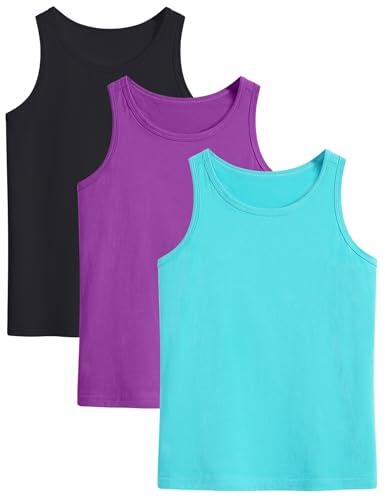 Auranso Camisetas sin mangas para niñas, con espalda cruzada, atléticas, de algodón, para danza, entrenamiento, paquete de 3 unidades, Negro-fucsia-verde, 7-8 años