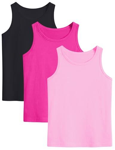Auranso Camisetas sin mangas para niñas, con espalda cruzada, atléticas, de algodón, para danza, entrenamiento, paquete de 3 unidades, Rosa, rosa, rojo y negro, 5-6 años