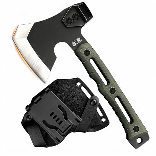 Hacha de Partir Multifuncional, Pequeña Hacha de Supervivencia y Táctica para Camping, Hachas de Mano para Bushcraft con Martillo y Funda de Kydex (Verde Militar)