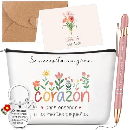 Jadive 5 Piezas Regalo Profesora Infantil Gracias por Ayudarme a Crecer Bolsa Maquillaje Maestro Llavero Profesora Bolígrafo Tarjeta sobre Regalo Original Maestra para Educador Profe Niñera(Lona)