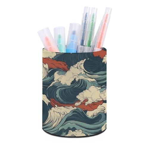SMAZDFXX Portalápices para escritorio, diseño retro de olas del océano, redondo, de cuero, organizador de maquillaje, suministros de escritorio multifuncionales para la oficina y el hogar