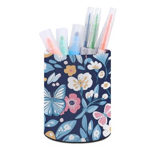 SMAZDFXX Portalápices para escritorio, diseño de mariposas y flores, redondo, de cuero, organizador de maquillaje, suministros de escritorio multifuncionales para la oficina y el hogar