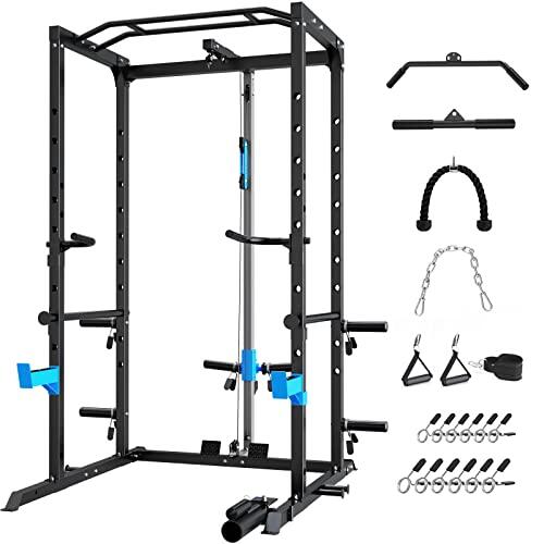 WINNOW Power Cage - Estante multifuncional con ganchos en J, asas de inmersión, accesorio para minas terrestres y sistema de polea de cable opcional para gimnasio en casa (jaula de alimentación con