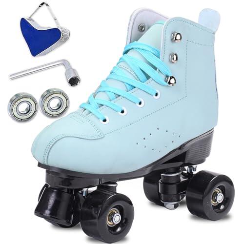 SCNUT Patines de piel sintética negra para hombre y mujer, patines clásicos de doble fila, ajustables, para exteriores, interiores, cuatro patines y roller derby (rueda verde negra, 43-mujer 9.5