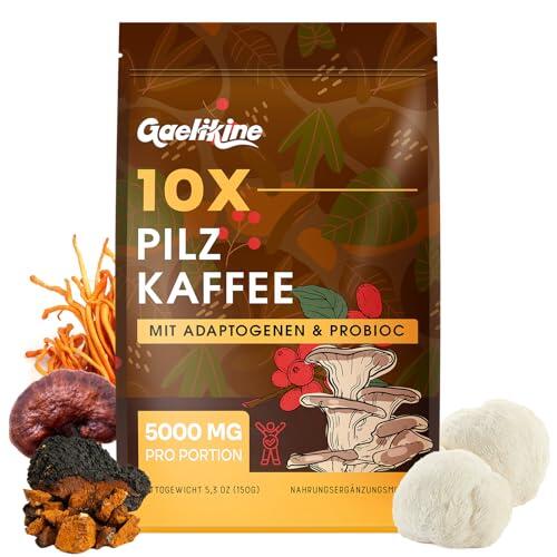 Gaelikine Café con hongos – Mezcla de 10 hongos con adaptógenos y probióticos, café instantáneo de arábica con melena de león, chaga, reishi y cordyceps, extractos en polvo, 150 g