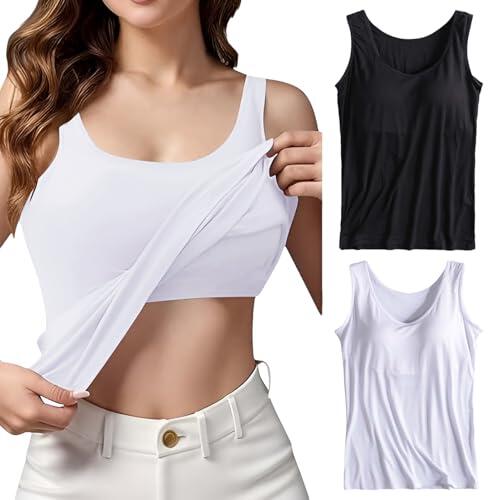 Jamron Mujer 2 Piezas Camisetas Tirantes con Sujetador Integrado Camisetas Interiores de Tirantes Anchos Elásticas Negro + Blanco L