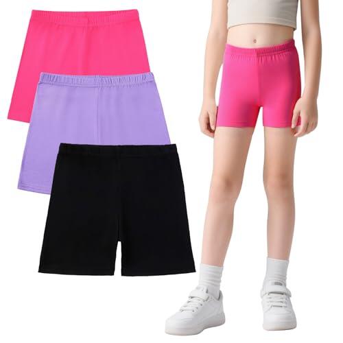 FILOWA Pantalones Cortos para Niñas Algodón Shorts Leggings Pack de 3 Deportivo Ciclismo Pantalon Corto con Cintura Elástica Pantalón Suaves Colores Shorts Pantalones Gimnasia Verano 7-8 años, Morado