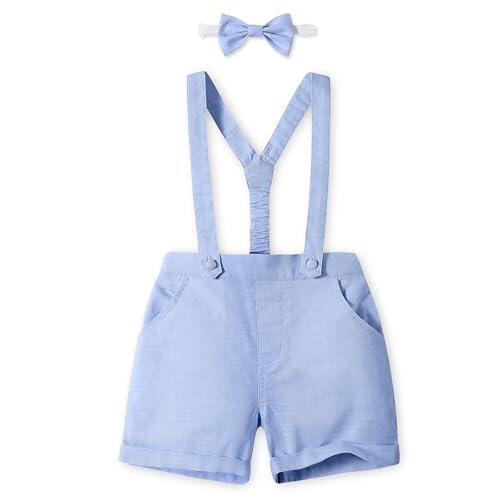 Volunboy Bebé Niño Pantalones Cortos con Tirantes, Verano Lino Shorts con Pajarita 3 Piezas(Azul Claro,12-18 Meses,Tamaño 80)