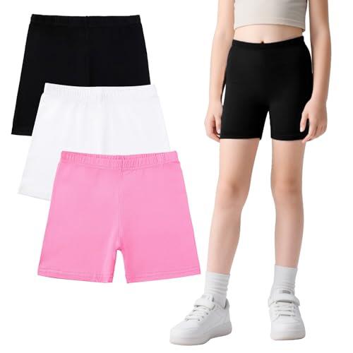 FILOWA Pantalones Cortos para Niñas Algodón Shorts Leggings Pack de 3 Deportivo Ciclismo Pantalon Corto con Cintura Elástica Pantalón Suaves Colores Shorts Pantalones Gimnasia Verano 9-10 años, Rosa