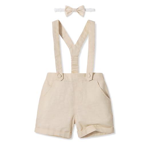 Volunboy Bebé Niño Pantalones Cortos con Tirantes, Verano Lino Shorts con Pajarita 3 Piezas(Caqui Claro,2-3 años,Tamaño 100)