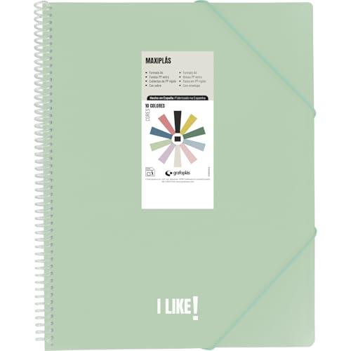 Grafoplas - Carpetas de Fundas Plastico a4, Maxiplas Like, Verde Claro, 20 Fundas Transparentes, Espiral PVC, Perfecta para Archivar Material Escolar y de Oficina