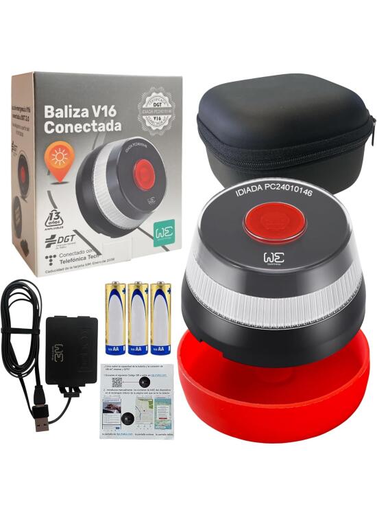 Kit de seguridad con Baliza de Emergencia V16 Geolocalizada y Conectada DGT 3.0 - Incluye Adaptador, Cable de alimentación y Funda antigolpes