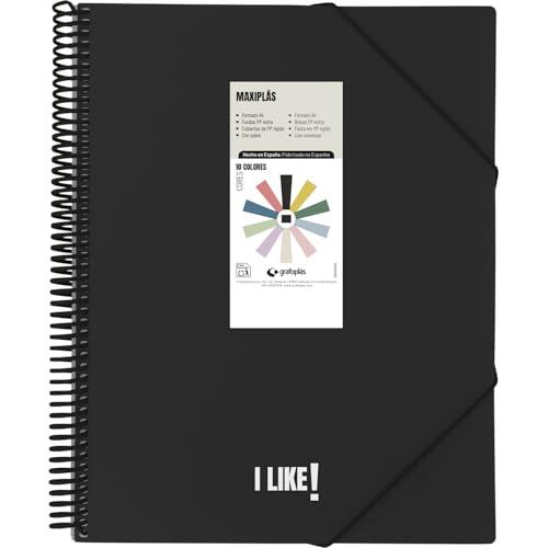 Grafoplas - Carpetas de Fundas Plastico a4, Maxiplas Like, Negra, 60 Fundas Transparentes, Espiral PVC, Perfecta para Archivar Material Escolar y de Oficina