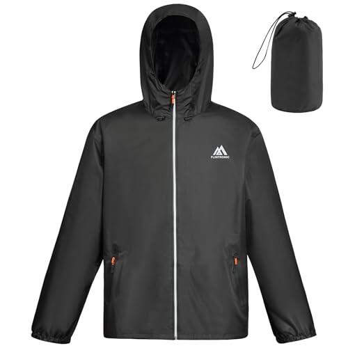 flintronic Chubasquero Hombre Impermeable, Chaqueta Ligera Cortavientos Running Hombre, con Capucha, Cremallera, Bandas Reflectantes, Cortavientos Transpirable Chubasquero Moto con Bolsillos, M