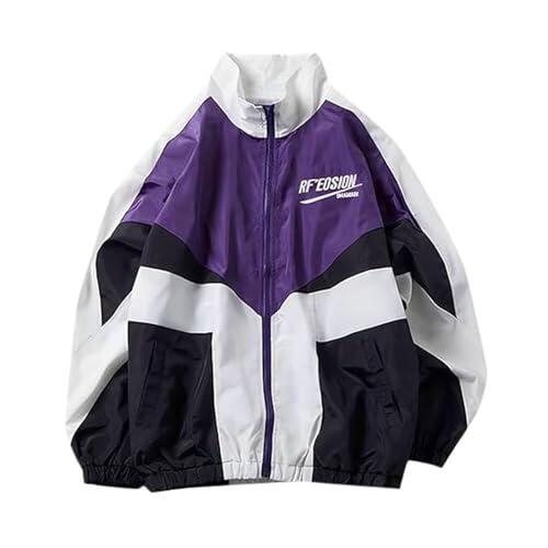 Generisch 2025 - Chaqueta retro de gran tamaño con estilo patchwork de colores, ropa deportiva casual vintage, cortavientos, chaqueta de abrigo para mujer, morado, XXL