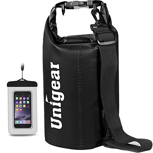 Unigear Bolsa Impermeable de 2 L/5 L/10 L/20 L/30 L/40 L,Bolsa Estanca con Funda para teléfono y Correa Larga Ajustable, para Barcos, Kayak, Pesca, Rafting, natación, Snowboard Negro 2L