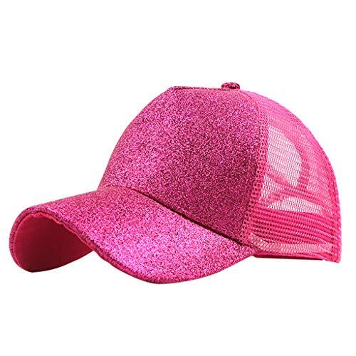 Generisch Gorra azul de cola de caballo de camionero, gorra de béisbol brillante, visera, moño liso, gorra de béisbol unisex desordenada, Rosa intenso., talla única