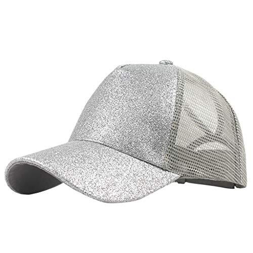 Generisch Gorra azul de cola de caballo de camionero, gorra de béisbol brillante, visera, moño liso, gorra de béisbol unisex desordenada, plata, talla única