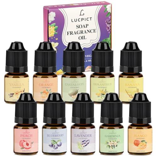 LUCPICT 10 x 6 ml de aceite aromático de jabón, aceite aromático para hacer jabón, juego de aceites aromáticos de calidad alimentaria para bombas de baño, limo, arte, velas, cosméticos