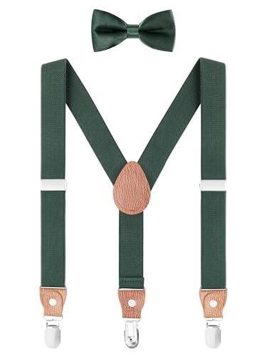 WANYING Juego de pajarita unisex para niños pequeños, forma de Y, 3 clips, ancho de 2,5 cm, tirantes elásticos y pajarita para 3-8 años de edad, verde oscuro, Color sólido verde oscuro - con pajarita