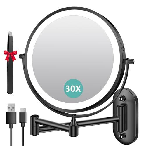 Auxmir 8″ Espejo Maquillaje con Luz para Pared Recargable 3200mAh, 1X/30X Aumento Doble Cara Giratorio 360° Brazo Extensible, 3 Colores y Brillo Regulable, para Baño Hotel, Negro