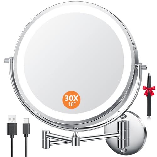 Auxmir 10″ Espejo Maquillaje con Luz 30X/1X Aumento Recargable 5000mAh Doble Cara Giratorio 360, Espejo Grande Baño Pared Brazo Extensible USB, 3 Colores Brillo Regulable Hotel, Plata(Φ 24.5cm)