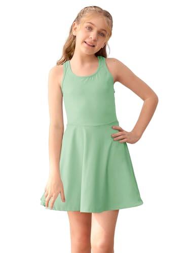 Haloumoning Vestido de tenis sin mangas para niñas, vestido de golf con espalda cruzada, vestido deportivo escolar con bolsillos cortos, Verde, 9-10 años