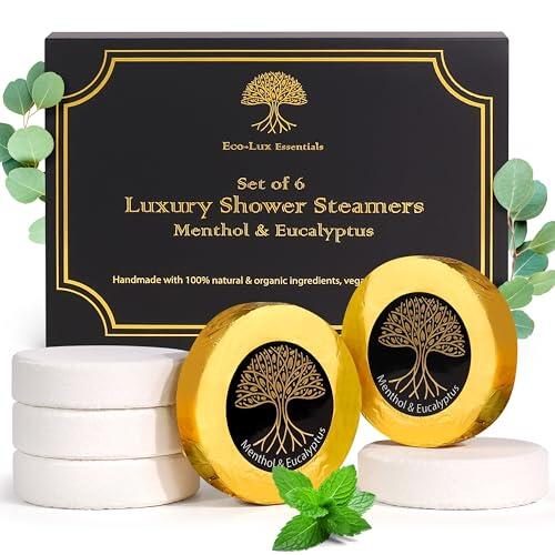 Vaporizadores de ducha de lujo para hombres y mujeres, paquete de 6 bombas de ducha de aromaterapia de mentol y eucalipto, natural, vegano, para aliviar el estrés y la congestión, juego de regalo de