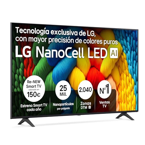 LG 65NANO80A6B - TV 65", 4K NanoCell, Smart TV, LED IA, WebOS 25, Procesador Potente e Inteligente, Super Upscaling, Dolby Digital Plus, Alexa/Google Assistant, Negro