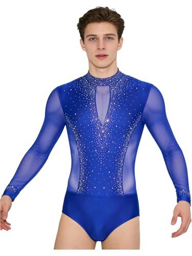 Freebily Maillot De Patinaje Artístico Para Hombre Body De Baile Latino Leotardo Manga Larga Malla Transparente Ropa Deportiva Gimnasia‌ Azul M