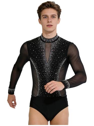 Freebily Maillot De Patinaje Artístico Para Hombre Body De Baile Latino Leotardo Manga Larga Malla Transparente Ropa Deportiva Gimnasia‌ Negro S