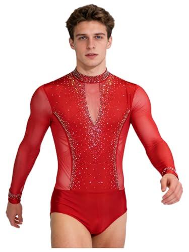 Freebily Maillot De Patinaje Artístico Para Hombre Body De Baile Latino Leotardo Manga Larga Malla Transparente Ropa Deportiva Gimnasia‌ Rojo S