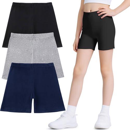 Domueay Shorts Pantalones Niñas, Cortos de Ciclismo Leggings Algodón Pack de 3, Elástica Mallas Cortas Transpirable Deporte Correr Danza Verano Short Pantalón 12-13 Años, Negro Gris Marino