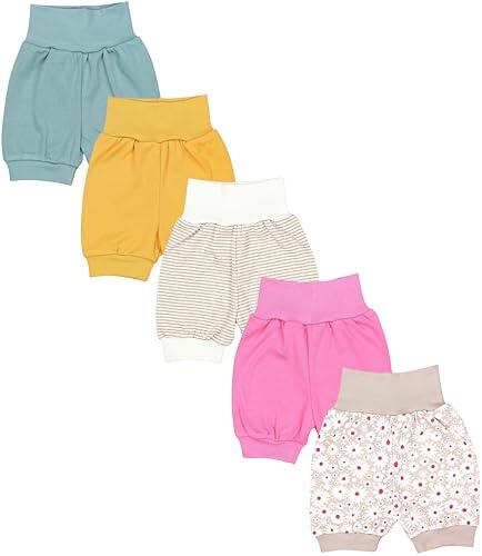 TupTam Pantalones Cortos de Bebé para Niñas Paquete de 5 Unidades, Rayas Florales Beige Frambuesa Mostaza Salvia, 74/80