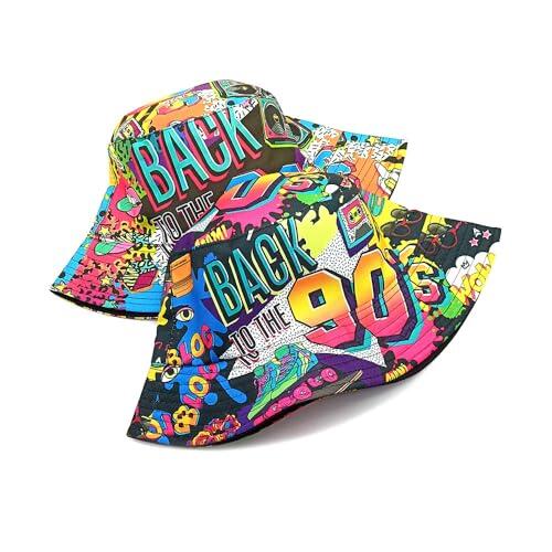 BelleVive Sombrero de cubo retro estilo 80-90, sombrero de pescador unisex reversible, gorra de sol plegable, accesorios para rave fiesta