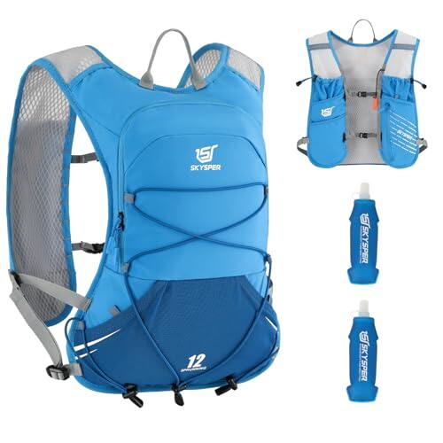 SKYSPER Chaleco de Hidratación Running 12L, Chaleco Ligero con 2 Botellas 500ML y Diseño Reflectante para Trail Maratón y Senderismo