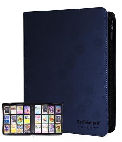 ARCHIVALPRO Carpeta de tarjetas con cremallera de 12 bolsillos, capacidad para 480 tarjetas, 20 páginas de carga lateral, carpeta de tarjetas coleccionables premium sin anillos (negra) (azul)